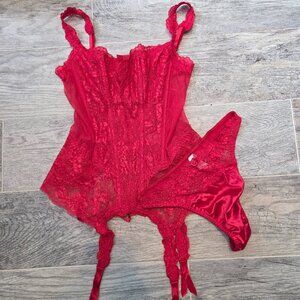 VTG 90s Victoria's Secret Red Lace Bustier Corset Garter 34 & Thong M 2pc RARE